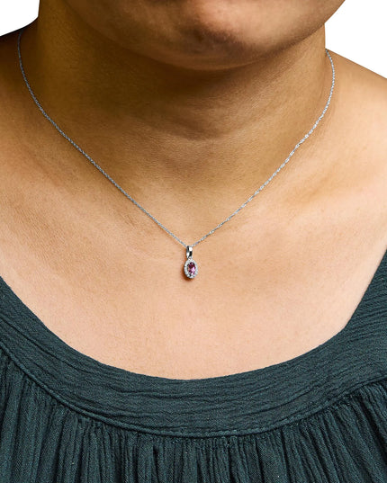 10K White Gold 5x3mm Gemstone and Diamond Accent Halo Oval Shape 18" Pendant Necklace (I-J Color, I1-I2 Clarity)