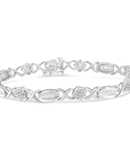 .925 Sterling Silver 1.0 Cttw Round-Cut and Baguette-Cut Diamond X-Link Bracelet (I-J Color, I1-I2 Clarity) - 7"