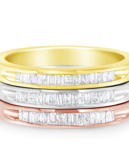 10K Yellow, White and Rose Gold over .925 Sterling Silver 5/8 Cttw Diamond Channel-Set Stackable Band Ring Set (H-I Color, I1-I2 Clarity)