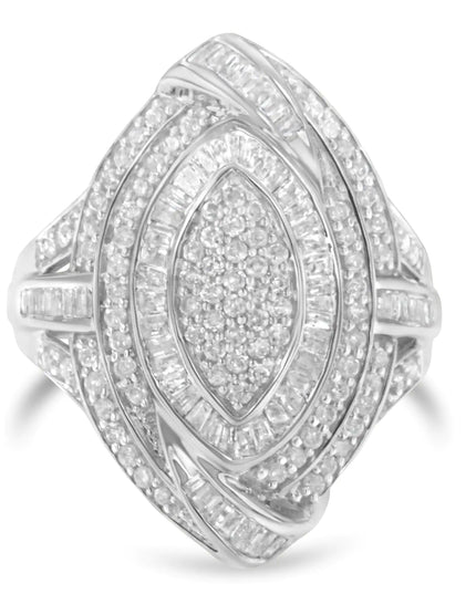 .925 Sterling Silver & 1-1/8 Cttw Diamond Marquise Shaped Cluster Triple Halo Knot Cocktail Fashion Ring (I-J Color, I2-I3 Clarity)