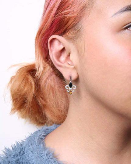 .925 Sterling Silver Marquise Cut Onyx and Citrine with Diamond Accent Fleur De Lis Drop Stud Earrings (H-I Color, SI1-SI2 Clarity)