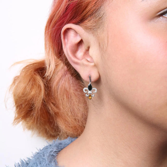 .925 Sterling Silver Marquise Cut Onyx and Citrine with Diamond Accent Fleur De Lis Drop Stud Earrings (H-I Color, SI1-SI2 Clarity)