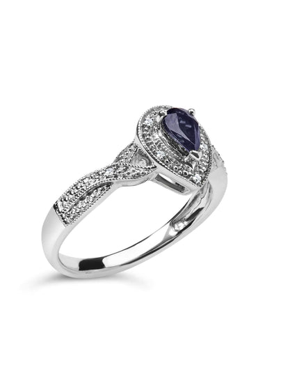 .925 Sterling Silver 6x4mm Pear Sapphire Gemstone with Diamond Accent Fashion Halo Ring (H-I Color, SI1-SI2 Clarity)