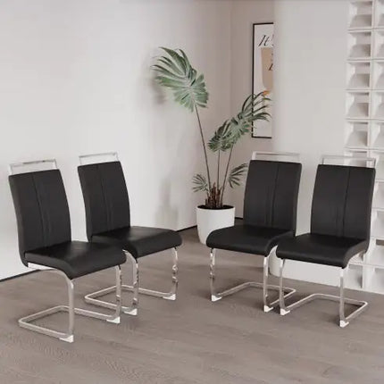 Set Of 4 Modern High Back PU Leather Dining Chairs, Black, Metal Legs