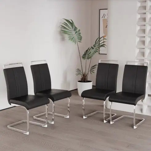Set Of 4 Modern High Back PU Leather Dining Chairs, Black, Metal Legs