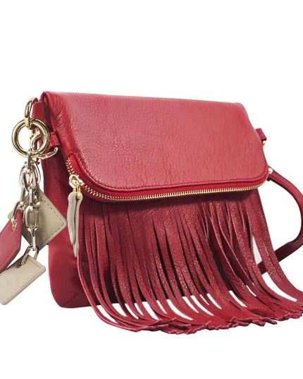 Flamingo Leather Fringe Handbag- Scarlet Red