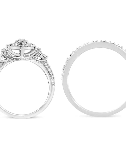 .925 Sterling Silver 1/3 Cttw Diamond 7 Stone Cluster and Halo Engagement Ring and Wedding Band Set (I-J Color, I1-I2 Clarity)