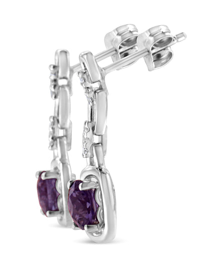 .925 Sterling Silver 6x6MM Cushion Shaped Natural Purple Amethyst and Diamond Accent Drop and Dangle Earrings (I-J Color, I1-I2 Clarity)