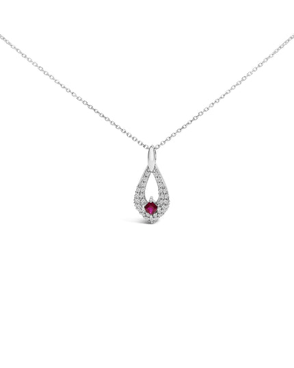 .925 Sterling Silver Created Red Ruby and White Sapphire Pear Shaped Pendant Necklace - 18" Inches