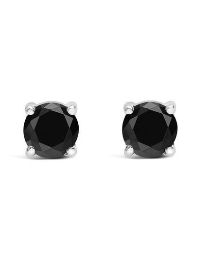 .925 Sterling Silver Black Diamond Solitaire Stud Earrings (Black Color, I2-I3 Clarity)