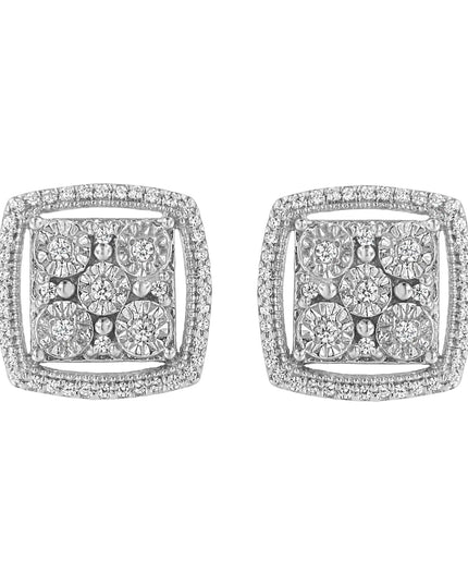 .925 Sterling Silver 3/8 Cttw Miracle Set Round Diamond Double Halo Cluster Earrings (I-J Color, I2-I3 Clarity)