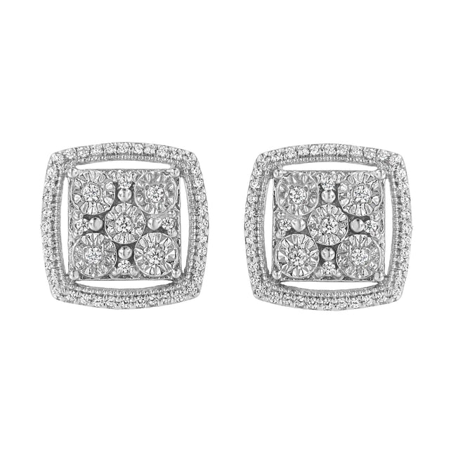 .925 Sterling Silver 3/8 Cttw Miracle Set Round Diamond Double Halo Cluster Earrings (I-J Color, I2-I3 Clarity)