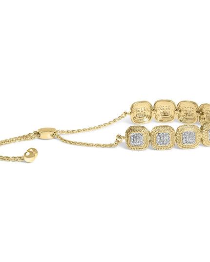 14k Yellow Gold Plated .925 Sterling 5/8 Cttw Diamond Composite Cushion Frame 4”-10” Adjustable Bolo Bracelet (G-H Color, I1-I2 Clarity)
