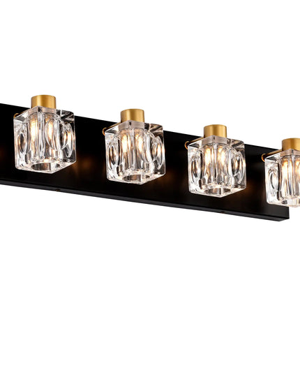 4-light Matte Black Gold Vanity Light, Crystal Glass Shade, Vintage Over-mirror Wall Light