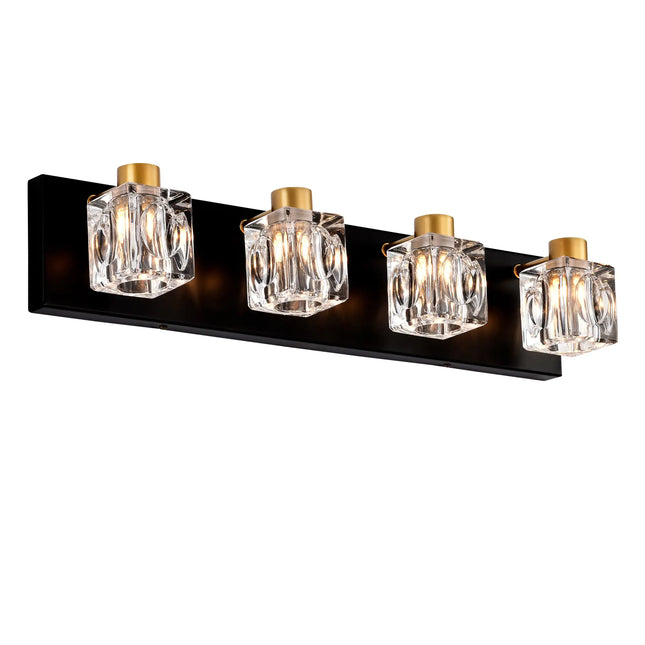 4-light Matte Black Gold Vanity Light, Crystal Glass Shade, Vintage Over-mirror Wall Light