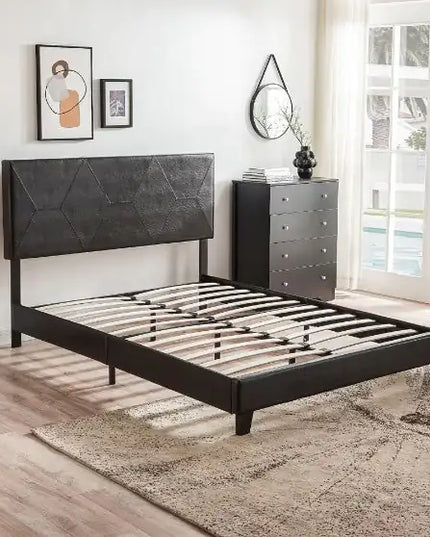 Queen Upholstered Bed Frame, Black PU, Easy Assembly