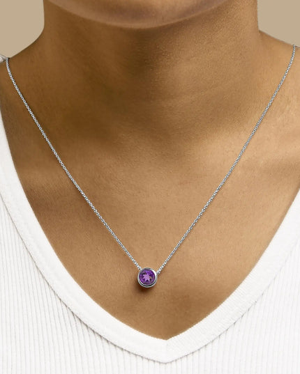 .925 Sterling Silver 7MM Bezel Set Created Purple Amethyst Pendant Necklace - 18" Inches