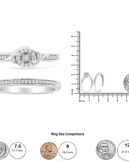 .925 Sterling Silver 1/4 Cttw Diamond Halo and Swirl Engagement Ring and Wedding Band Set (I-J Color, I3 Clarity)