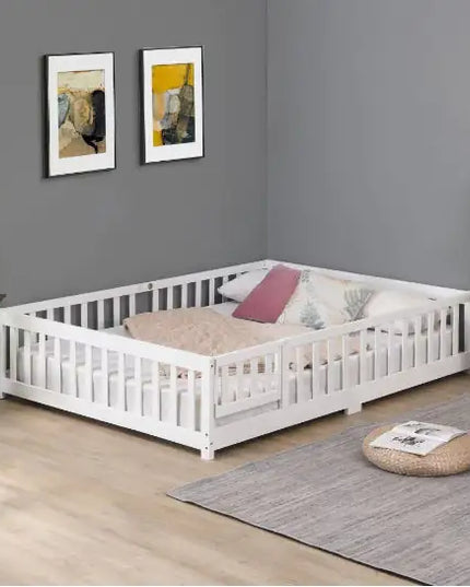 Solid Wood Full Size Platform Bed Frame With Door And Fence, Pine Wood