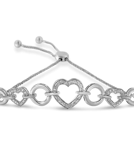 .925 Sterling Silver 1/10 Cttw Round-Cut Diamond Heart-Link Adjustable Bolo Bracelet ( H-I Color, I2-I3 Clarity) - 6"-9" Adjustable