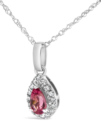 10K White Gold 5x3mm Gemstone and Diamond Accent Halo Pear Shape 18" Pendant Necklace (I-J Color, I1-I2 Clarity)