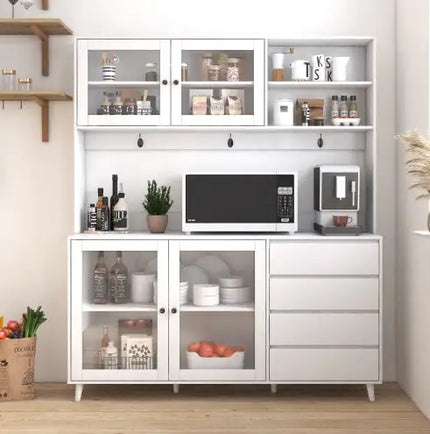 Large White Kitchen Hutch Cabinet, Freestanding Pantry Storage With 4 Doors, 4 Drawers, Microwave