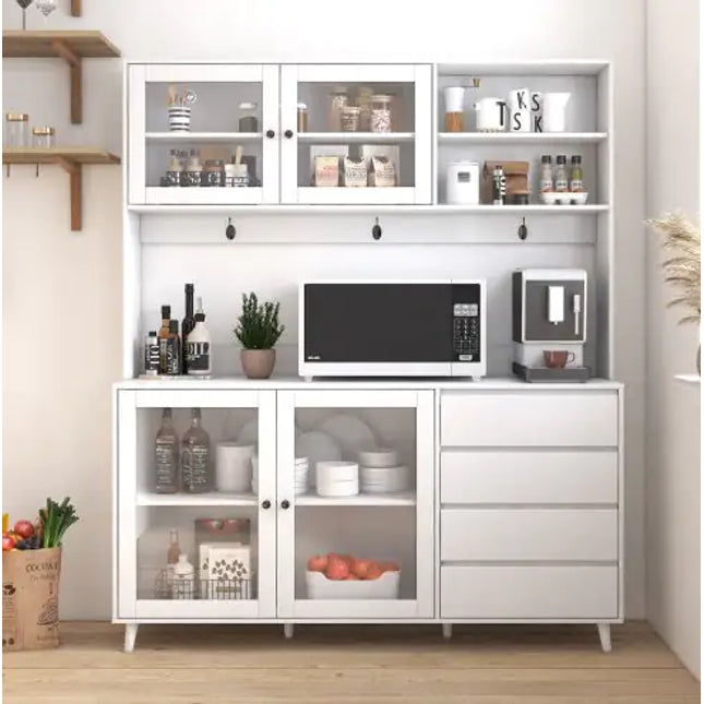 Large White Kitchen Hutch Cabinet, Freestanding Pantry Storage With 4 Doors, 4 Drawers, Microwave
