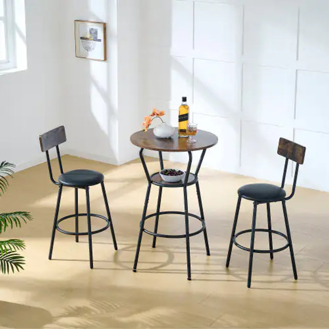 Round Bar Table Set, Upholstered Stool With Backrest, Rustic Brown, Shelf