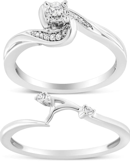 .925 Sterling Silver 1/10 Cttw Diamond Swirl and Bypass Bridal Set Ring and Band (I-J Color, I3 Clarity)