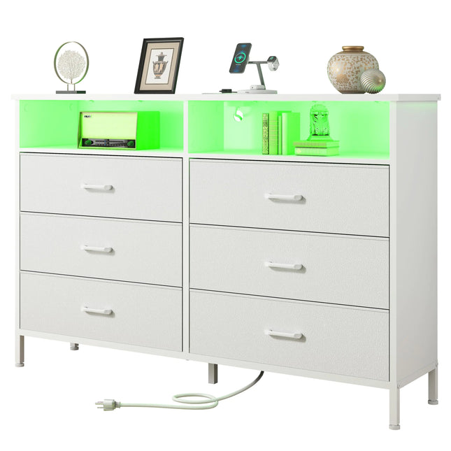 White Fabric Dresser with LED Lights & Charging Station – 6-Drawer Tall Chest, TV Stand for up to 60" for Bedroom or Living Room
