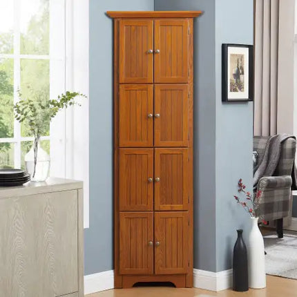 4-tier 72" Corner Kitchen Pantry Storage Cabinet, 8 Doors, Adjustable Shelves, Oak