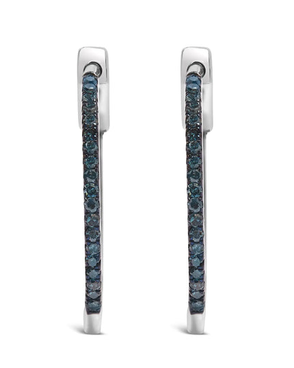 .925 Sterling Silver 1/3 Cttw Inside Out Blue Treated Diamond 1MM Wide Hoop Earrings (Blue Color, I2-I3 Clarity)