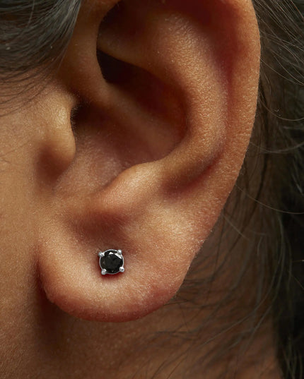 .925 Sterling Silver Black Diamond Solitaire Stud Earrings (Black Color, I2-I3 Clarity)