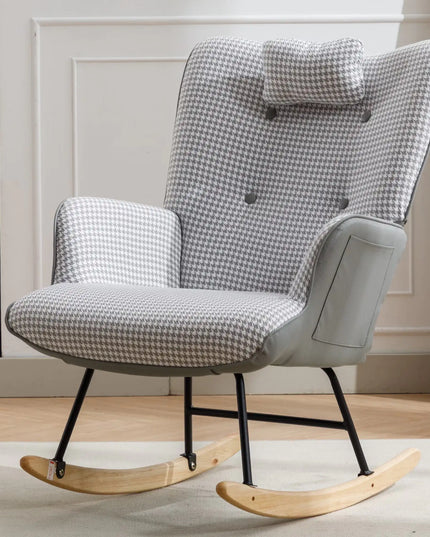 35.5" Houndstooth Fabric Rocking Chair, Wingback Glider With Solid Wood Base