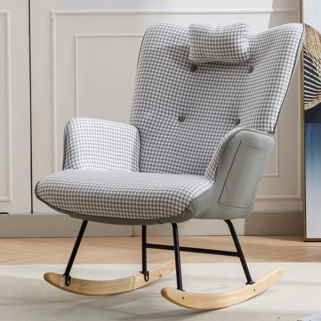 35.5" Houndstooth Fabric Rocking Chair, Wingback Glider With Solid Wood Base