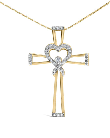 14K Yellow Gold Plated .925 Sterling Silver 1/6 Cttw Diamond Interlocking Heart and Ribbon Cross Pendant Necklace (H-I Color, I2-I3 Clarity) - 18" Inches