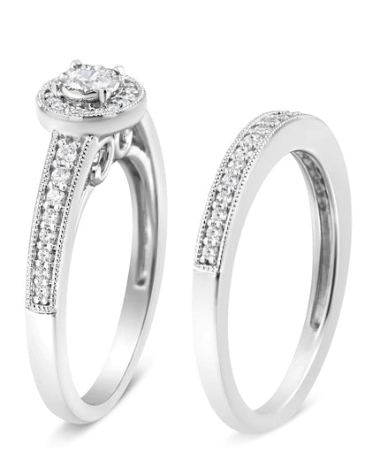 .925 Sterling Silver 1/2 Ctw Diamond Halo and Milgrain Engagement Ring Bridal Set (I-J Color, I3 Clarity)