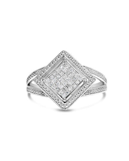 .925 Sterling Silver 1/3 Cttw Invisible Set Princess-Cut Diamond Rhombus and Beaded Halo Ring (H-I Color, SI1-SI2 Clarity)