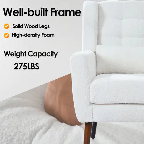 Contemporary Teddy Fabric Lounge Chair – White Upholstered Armchair for Bedroom or Living Room