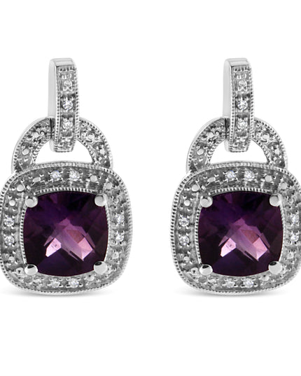 .925 Sterling Silver 8MM Natural Cushion Shaped Amethyst and Diamond Accent Halo with Push Back Dangle Earrings (I-J Color, I2-I3 Clarity)