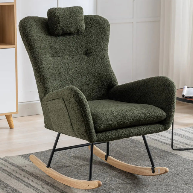 35.5\" Rocking Chair, Teddy Fabric, Wingback Glider, Solid Wood Base, Living Room Bedroom
