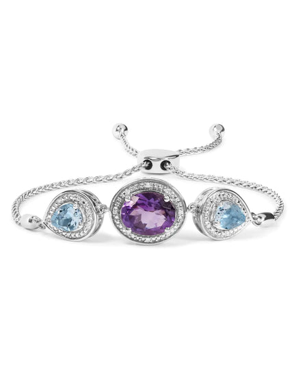 .925 Sterling Silver Oval Amethyst and Pear Blue Topaz with Diamond Accent Lariat 4”-10” Adjustable Bolo Bracelet (H-I Color, SI1-SI2 Clarity)