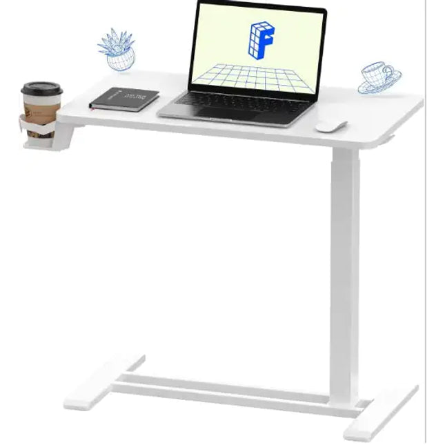 Adjustable Height Rolling Desk Side Table With Hidden Wheels, Cup Holder