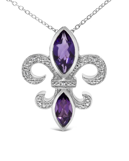 .925 Sterling Silver Purple Amethyst Marquise and Diamond Accent Fleur De Lis Pendant Necklace (H-I Color, SI1-SI2 Clarity) - Size 18"