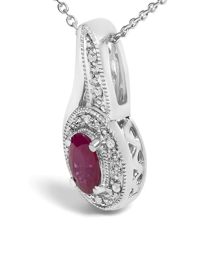 .925 Sterling Silver Red Ruby and Diamond Accent Milgrain Swirl Pendant Necklace - 18" Inches