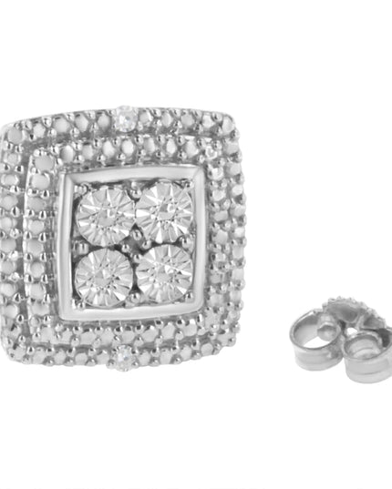 .925 Sterling Silver Diamond Accented Square Shaped Milgrain Stud Earrings (I-J Clarity, I3 Color)