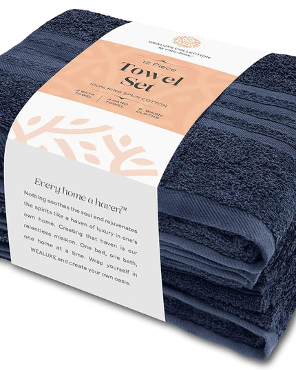 Product Description:  12-Piece Bath Towel Set: Includes everything you need for a complete bathroom refresh.  Premium Quality: Made from 100% soft, absorbent cotton for ultimate comfort and durability.  Luxurious Feel: Gentle on the skin, ideal for everyd