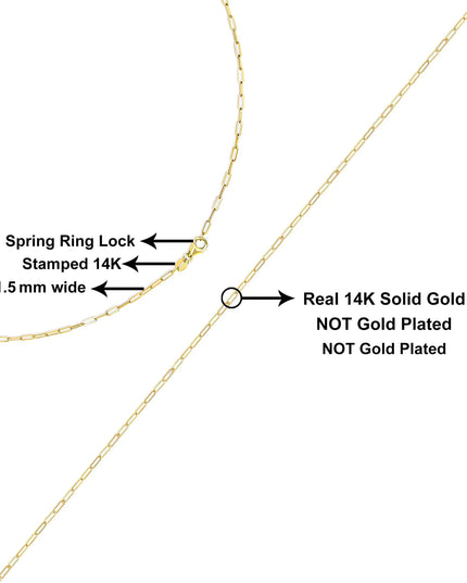 Unisex Solid 14K Gold 1.5mm Paperclip Chain Necklace - Choice of Length and Metal Color