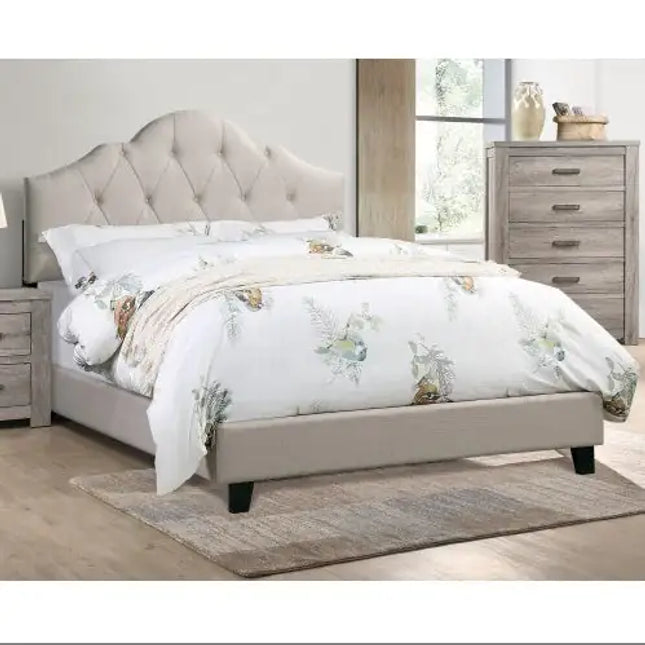 1pc Queen Size Upholstered Bed – Adjustable Headboard, Light Brown Tufted Polyfiber, Wooden Frame