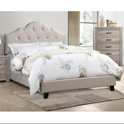 1pc Queen Size Upholstered Bed – Adjustable Headboard, Light Brown Tufted Polyfiber, Wooden Frame